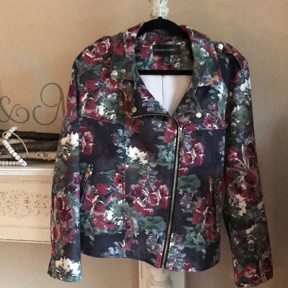 Colleen Lopez Floral Moto Jacket - Navy with Burgundy & Green